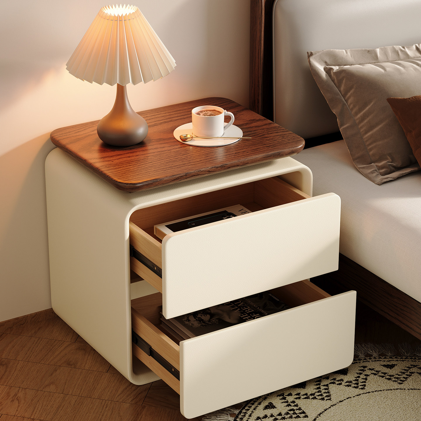 Solid Wood Nightstand 2 Drawers - Modern Minimalist 2-drawer Cat-scratch-resistant Leather Solid