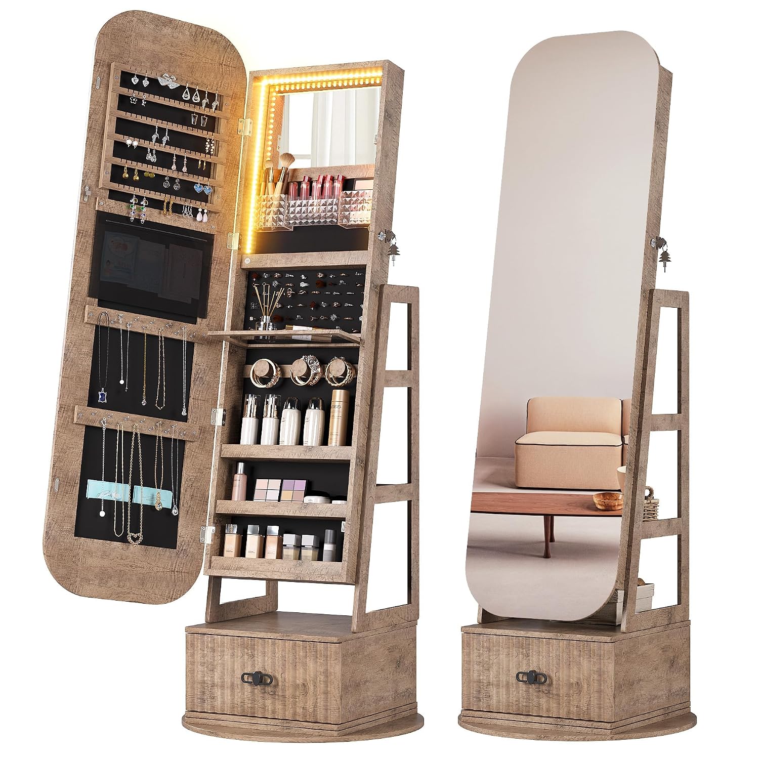 Full Length Mirror Jewelry Armoire - 360 Swivel Jewelry Armoire Organizers with