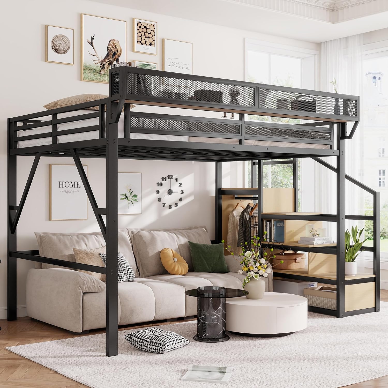 Canopy Bed Frame Metal Queen - Queen Size Loft Bed with Stairs