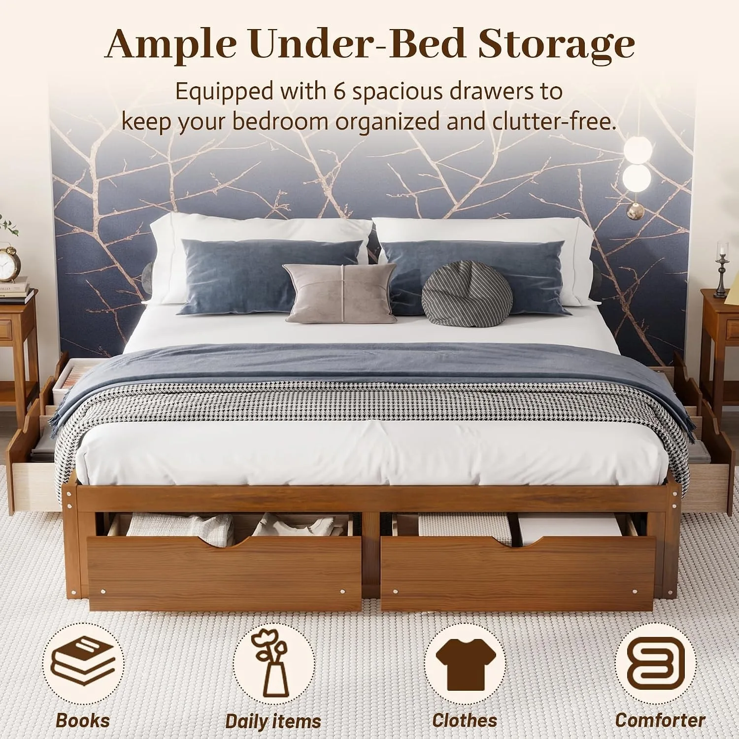 Minimalist Pine Wood Platform  - đánh giá và giá King Size Bed Frame With Storage Drawers