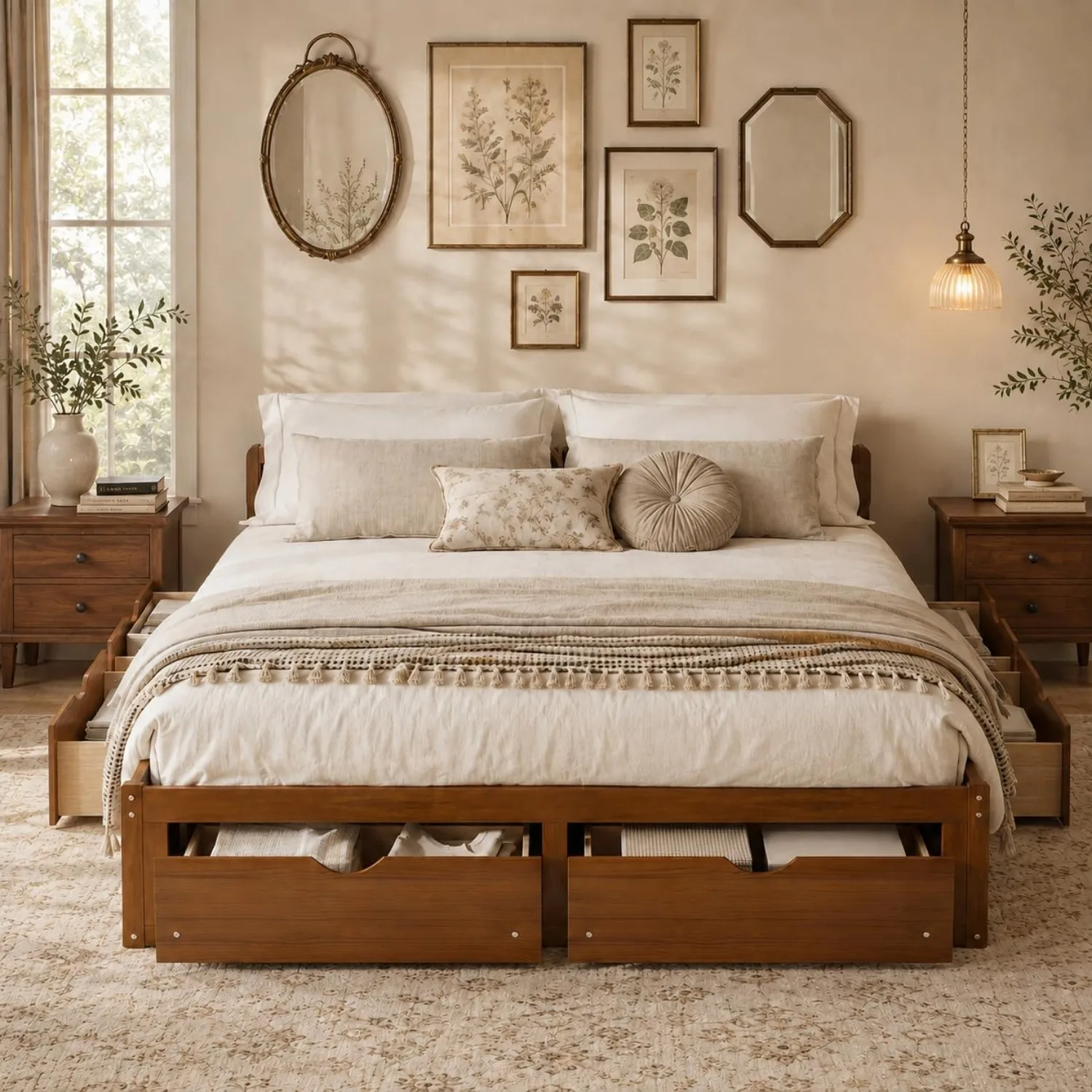 Minimalist Pine Wood Platform  - đánh giá và giá King Size Bed Frame With Storage Drawers